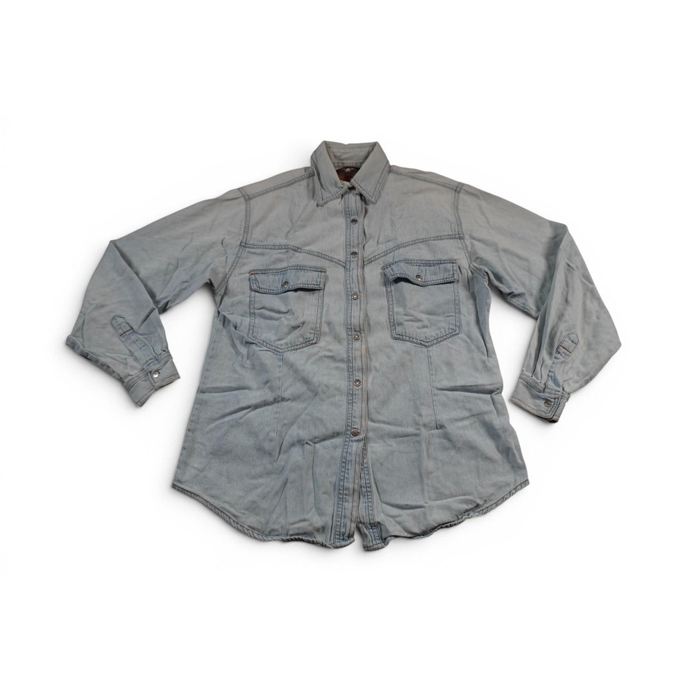 Harley-Davidson Shirt Womens Small Blue Denim Embroidered Western Button Up